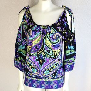 Cache || Purple Multi-Color Cold Shoulder Top